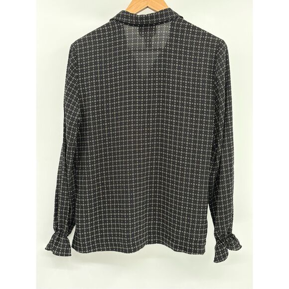 Talbots Silk Top Blouse Women Size 12 Large Black Sheer Geometric Ruffle Collar - Picture 2 of 12